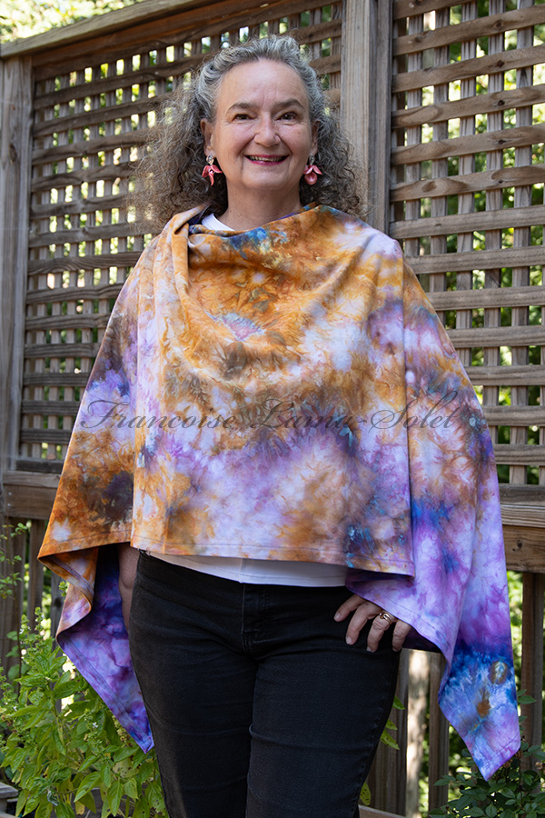 Women's marigold, lavender and blue hand dyed tie dye warm and cozy fall winter Button Shawl Wrap, poncho cover up - Sophia