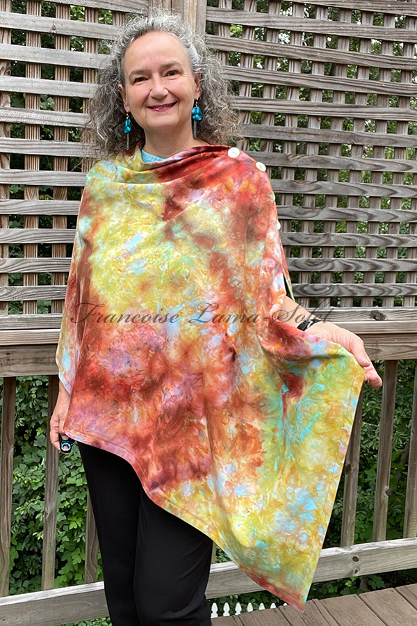Women's hand ice dyed tie dye colorful terracotta, turquoise and yellow asymmetrical poncho cape shawl with buttons - Southwestern Flare
