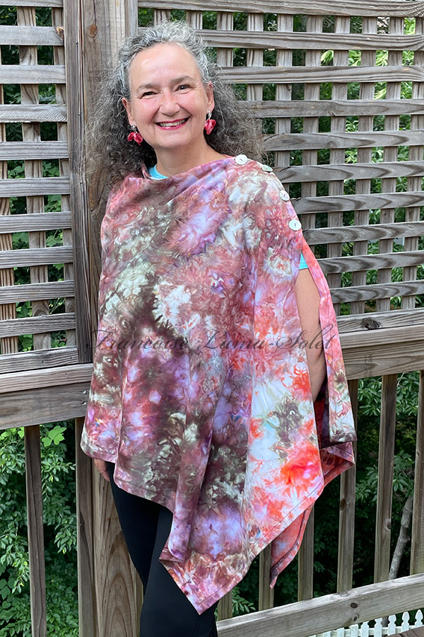 Women's hand ice dyed tie dye marron, peach, wine and gray asymmetrical stylish poncho cape shawl with buttons - Walk In The Park